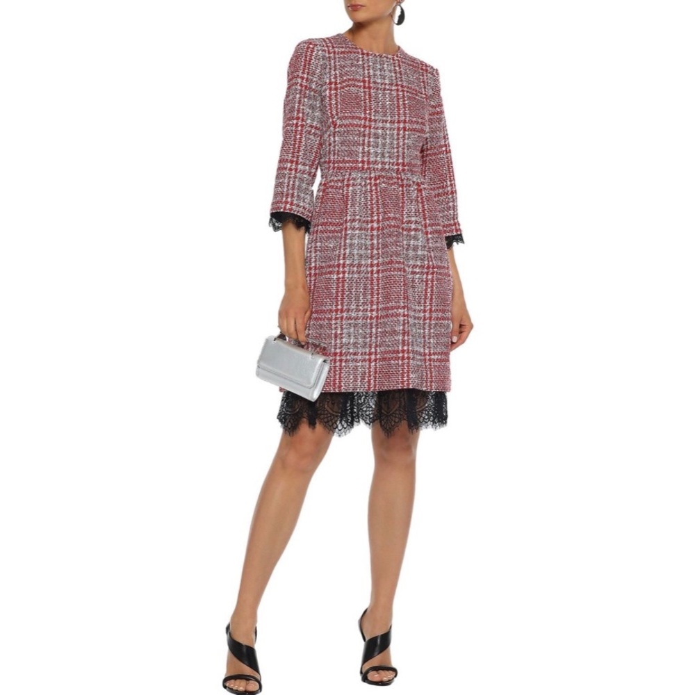 NWT Mikael Aghal Lace-trimmed Checked Tweed Dress Fall Red Black White 4 Small